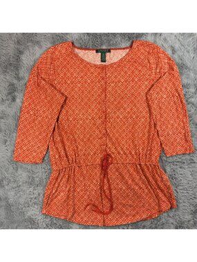 Lauren Ralph Lauren XL Orange Boho Tunic Top Women’s 3/4 Sleeve Drawstring Waist